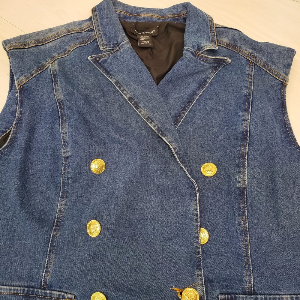 Ashley Stewart Womens Blue Denim Double Breasted Vest Gold Buttons Size 26/28